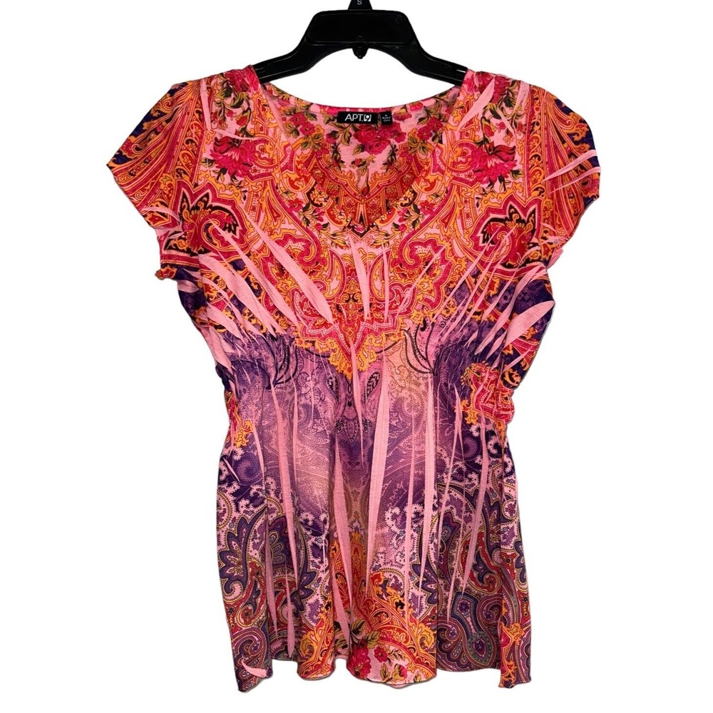 APT 9 WOMENS SZ S SHORT FLUTT SLEEVE V-NECK TOP/TUNIC PAISLEY RHEINSTONE STRETCH